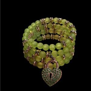 Green Beaded Bracelet with Heart Lock Charm